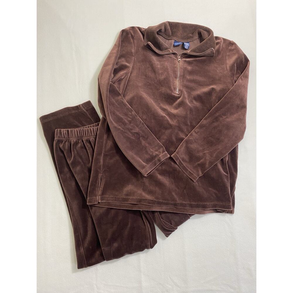 Vintage Womens Medium Basic Editions Chocolate Brown Velour Tracksuit Set Y2K